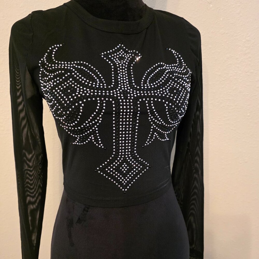 B Sharp Collection Black Mesh Long Sleeve Rhinestone Cross Crop Top, Size Small